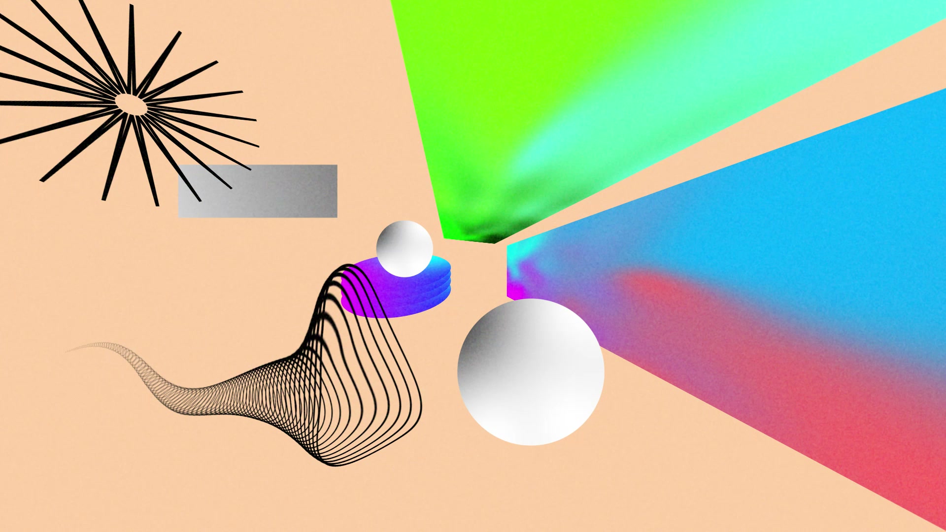 An arrangement of dimensional shapes and contrasting materials.